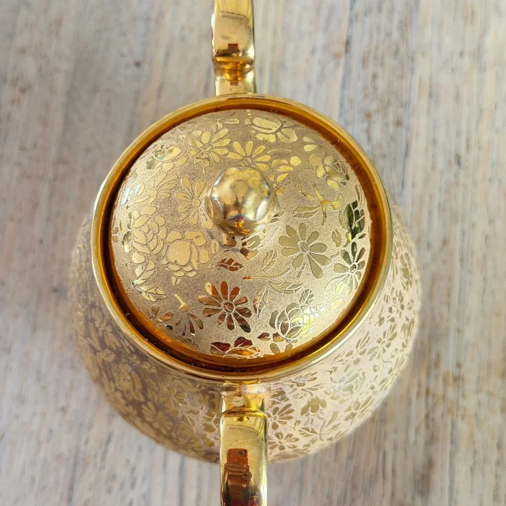 Vtg 50s Ransgil China 22K Gold Encrusted Floral Etched Creamer & Sugar Bowl Set